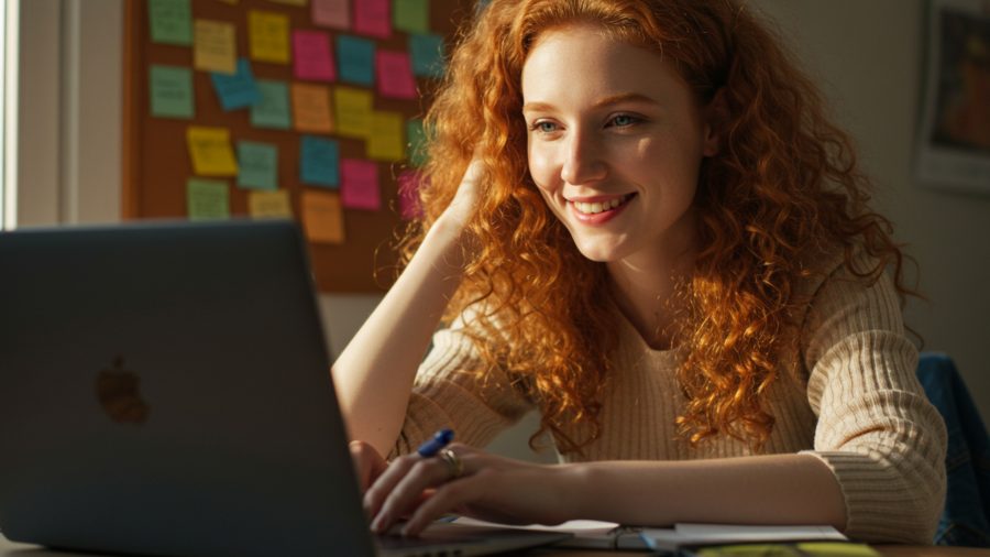 A imagem mostra uma jovem sorridente com cabelos cacheados ruivos, sentada à frente de um notebook, aparentemente estudando ou trabalhando. Ao fundo, há um quadro repleto de post-its coloridos, sugerindo uma organização visual de tarefas ou cronograma. A luz natural que entra pela janela ilumina o ambiente, criando um clima acolhedor e produtivo.