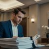 A imagem mostra um homem em traje formal (terno azul e camisa branca) concentrado na leitura de uma pilha de documentos sobre uma mesa em um escritório moderno. Ele está sentado diante de um notebook aberto, e a iluminação suave cria um ambiente profissional e focado.