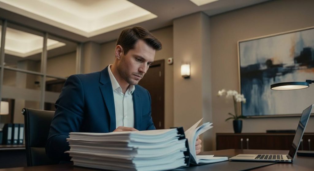 A imagem mostra um homem em traje formal (terno azul e camisa branca) concentrado na leitura de uma pilha de documentos sobre uma mesa em um escritório moderno. Ele está sentado diante de um notebook aberto, e a iluminação suave cria um ambiente profissional e focado.