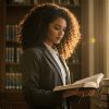 A imagem mostra uma mulher em traje formal (terno cinza e camisa branca) lendo um livro em uma biblioteca iluminada pela luz do sol que entra pela janela. Ela está concentrada na leitura, segurando o livro com as duas mãos, cercada por pilhas de livros ao seu redor. Ao fundo, vemos estantes com coleções de volumes encadernados, sugerindo um ambiente acadêmico ou jurídico.