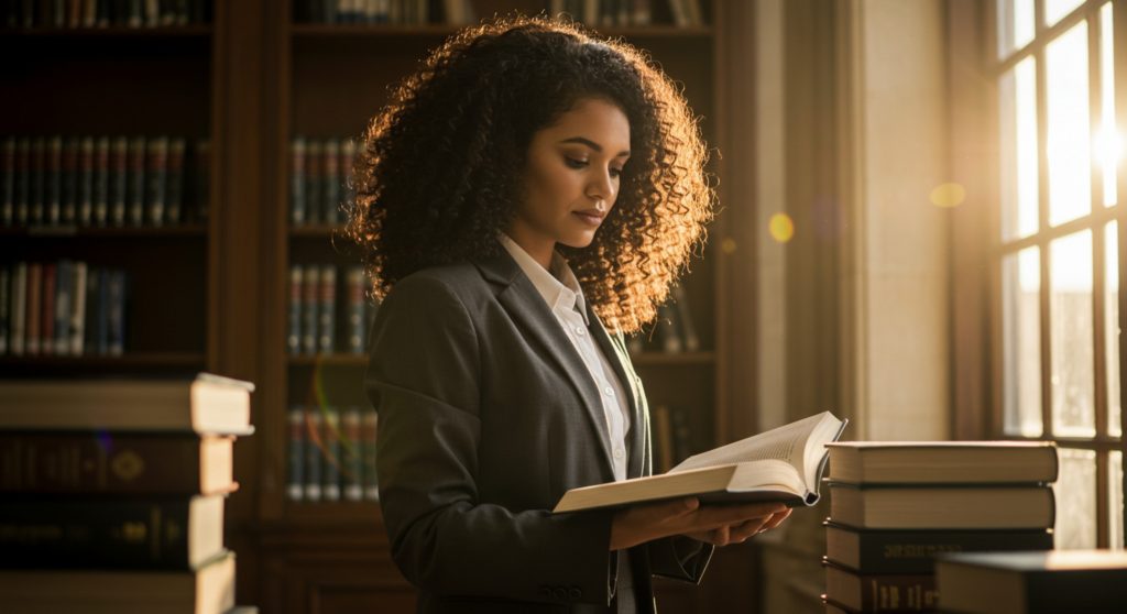 A imagem mostra uma mulher em traje formal (terno cinza e camisa branca) lendo um livro em uma biblioteca iluminada pela luz do sol que entra pela janela. Ela está concentrada na leitura, segurando o livro com as duas mãos, cercada por pilhas de livros ao seu redor. Ao fundo, vemos estantes com coleções de volumes encadernados, sugerindo um ambiente acadêmico ou jurídico.
