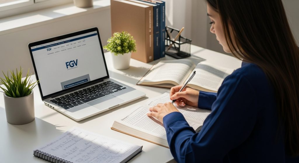Imagem ilustrativa de uma mulher estudando, na tela do laptop é possível ver o site do FGV aberto