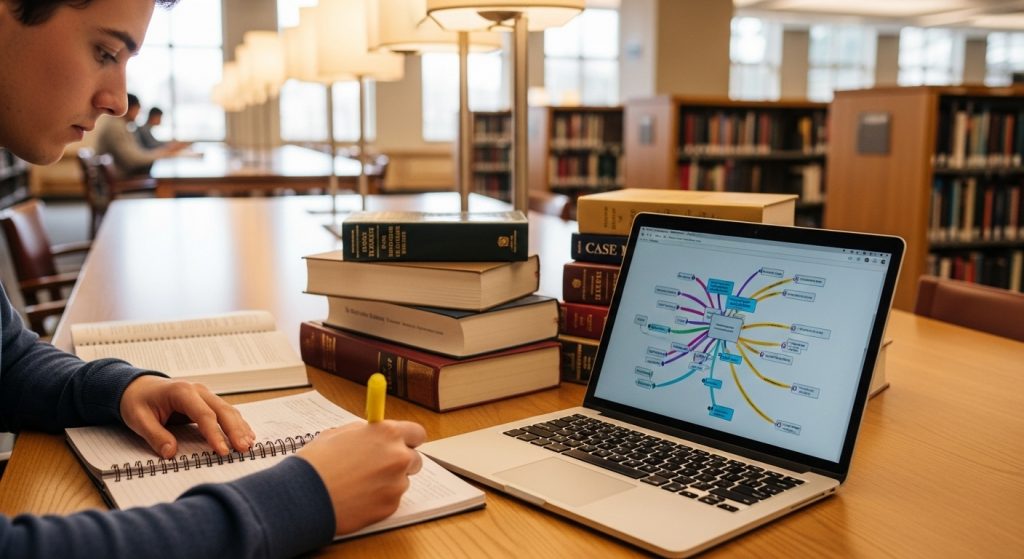 Imagem mostrando um estudante sentado à mesa, rodeado de livros de legislação e laptop aberto com mapas mentais coloridos. O aluno escreve anotações em um caderno, enquanto destaca trechos com marca-texto. Ambiente de biblioteca iluminada, atmosfera de concentração e motivação, estilo moderno e nítido.