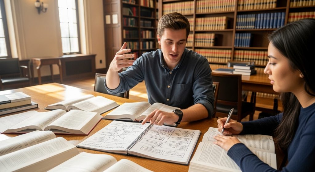 Imagem de um jovem estudante de direito explicando um conceito jurídico em voz alta para um colega. Ambos estão sentados em uma biblioteca iluminada, com livros de direito espalhados sobre a mesa. O estudante gesticula com as mãos enquanto aponta para um caderno com esquemas e resumos.