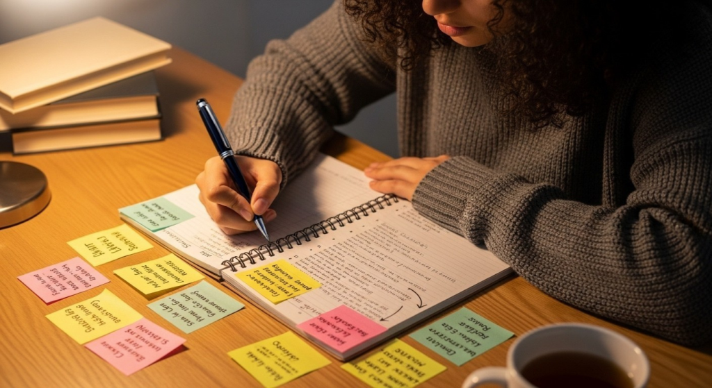 Pessoa escrevendo em caderno com anotações organizadas por post-its coloridos, rodeada por livros e uma xícara de chá, em ambiente de estudo noturno.
