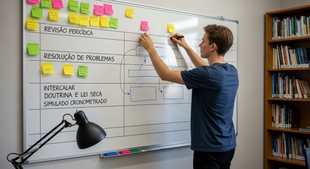 Estudante escreve em quadro branco com planejamento de estudos jurídicos, dividido por etapas e preenchido com post-its coloridos.