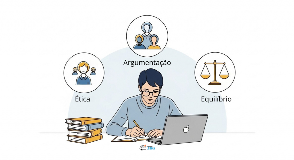 Ilustração de estudante escrevendo em caderno com notebook aberto, rodeado por livros e ícones que representam ética, argumentação e equilíbrio.