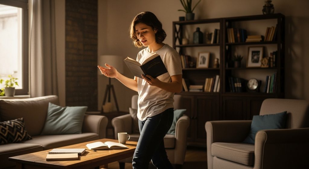 Jovem em sala de estar praticando leitura em voz alta com livro nas mãos, rodeada por cadernos e xícara sobre a mesa.