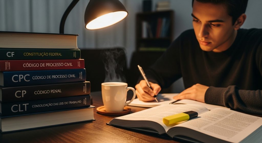 Estudante concentrado fazendo anotações à noite, ao lado de pilha de livros jurídicos, xícara de café e marca-texto sobre a mesa.