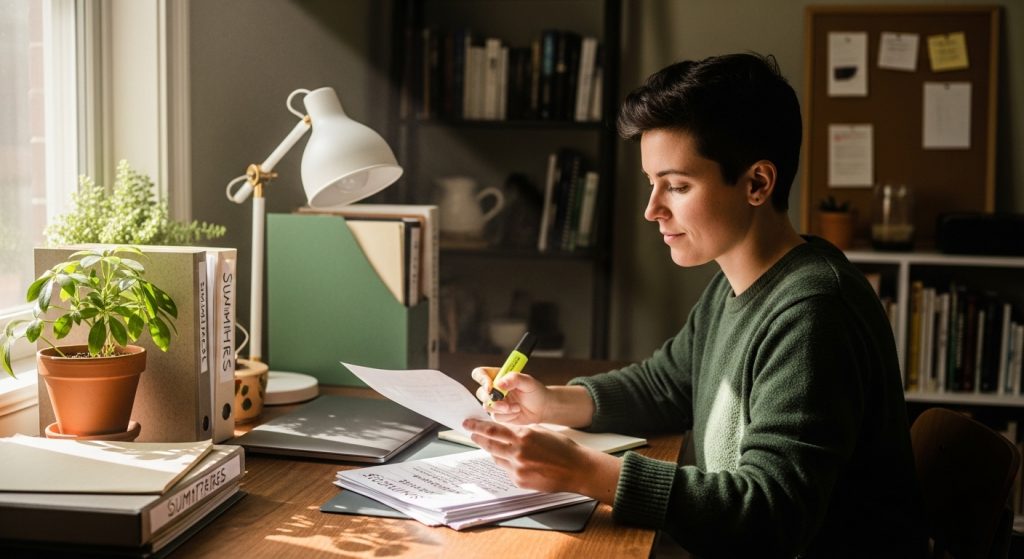 Pessoa estudando em uma mesa organizada, destacando trechos de um documento com marca-texto, ao lado de plantas e pastas etiquetadas como "SUMÁRIOS".