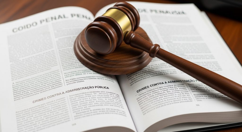 Martelo do juiz sobre páginas do Código Penal, destacando seção sobre crimes contra a administração pública.