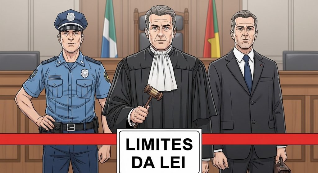Ilustração de policial, juiz e político em tribunal, com faixa vermelha à frente e placa escrita “Limites da Lei”, simbolizando os limites do poder.