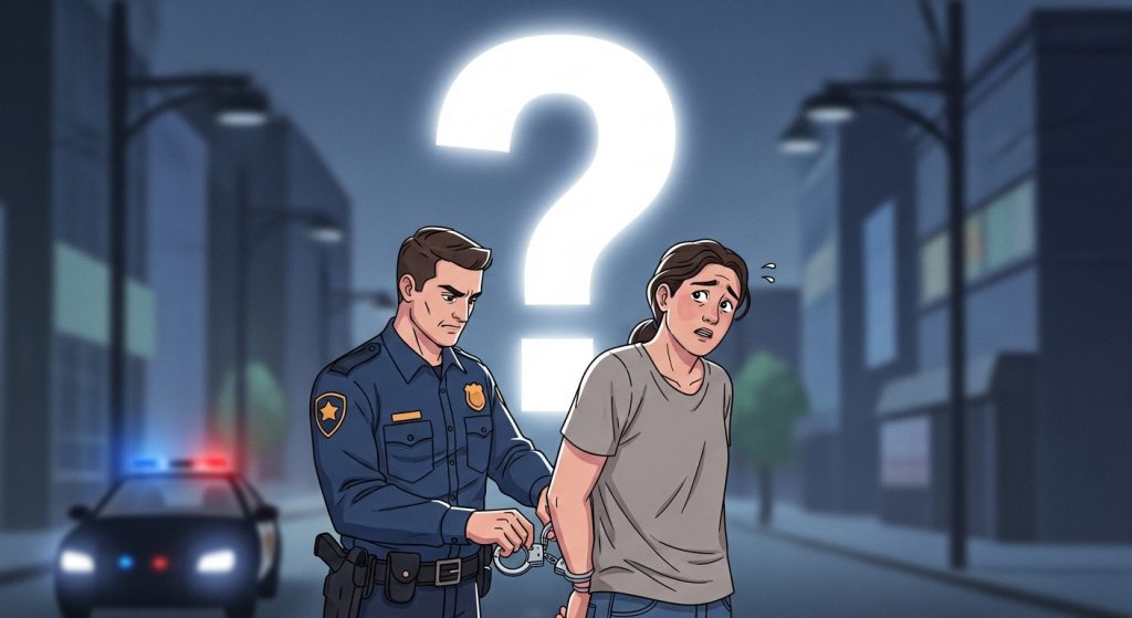Desenho de policial algemando mulher assustada em rua escura, com ponto de interrogação grande ao fundo, sugerindo dúvida sobre a legalidade da ação.