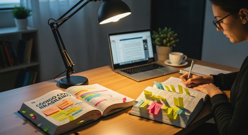 Estudante escrevendo à mesa com livros jurídicos cheios de marcações e post-its, notebook aberto e xícara de café ao lado.