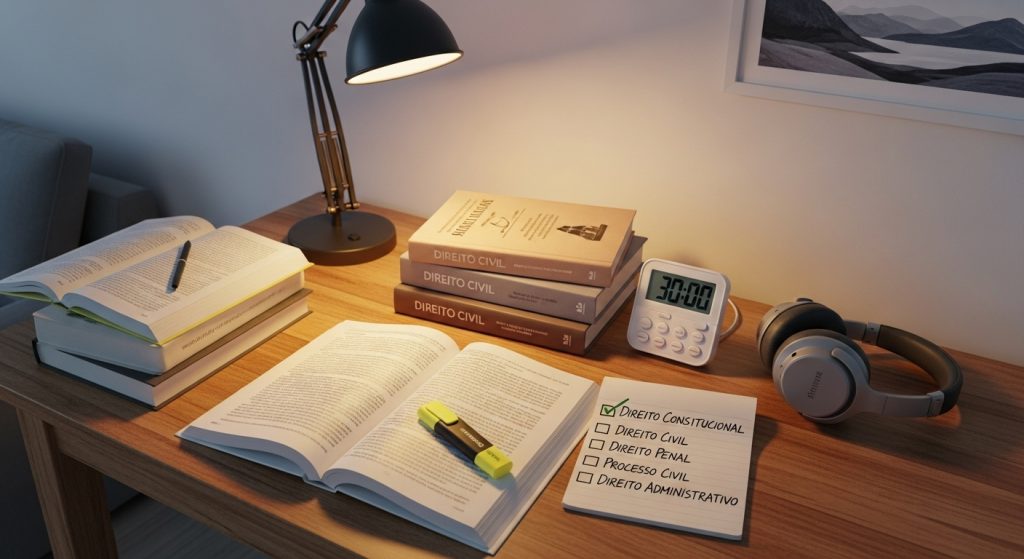 Mesa de estudos com livros de Direito Civil, marcador de texto, cronômetro digital marcando 30 minutos, fones de ouvido e checklist com matérias jurídicas.