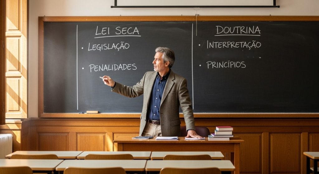 Professor de Direito explicando o quadro com os temas “Lei Seca” e “Doutrina” em sala de aula vazia.