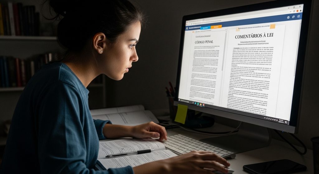 Jovem estudando atentamente no computador à noite, com textos do Código Penal e comentários à lei abertos na tela.
