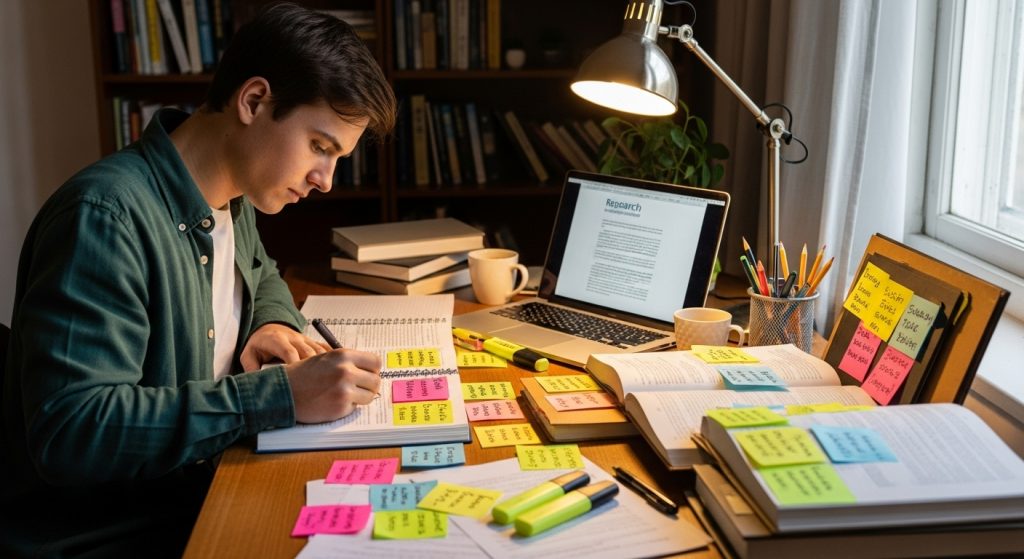 Jovem estudando em mesa repleta de livros, anotações e post-its coloridos, com notebook aberto e luminária acesa, em ambiente organizado.