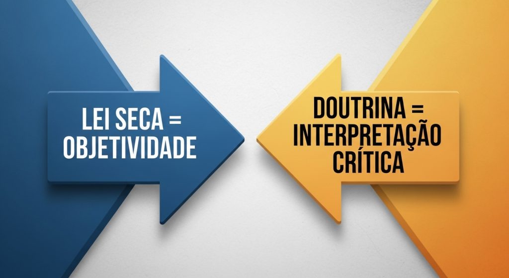 Ilustração com duas setas apontando em direções opostas: uma azul com “Lei Seca = Objetividade” e outra amarela com “Doutrina = Interpretação Crítica”.