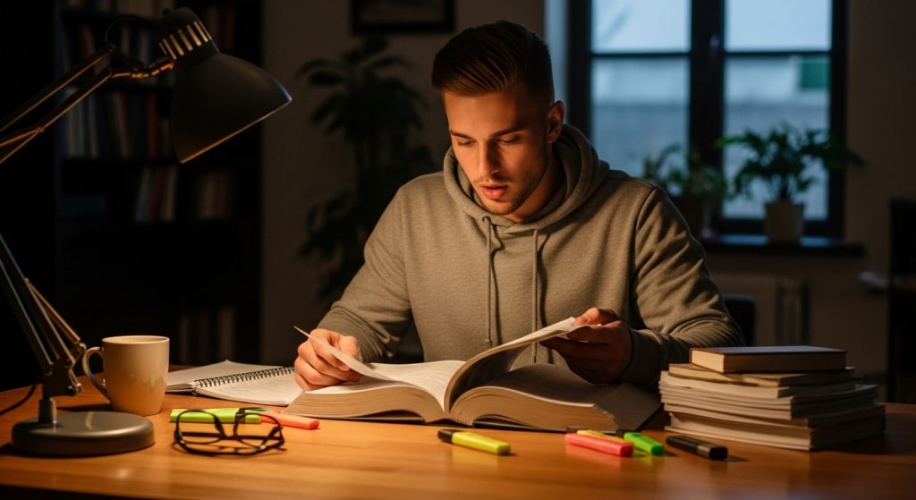 Estudante concentrado lendo livro aberto à noite, com marca-textos coloridos, caderno, caneca e luminária sobre a mesa.