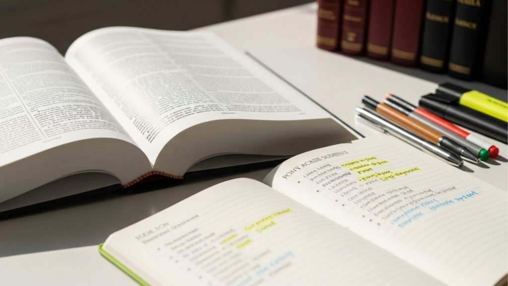 Mesa de estudos com livro jurídico aberto, caderno com resumos destacados, várias canetas e marcadores, com estante de livros ao fundo.