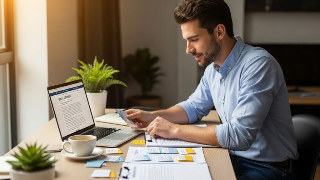 Homem sorridente trabalhando com cartões e documentos sobre mesa, com notebook aberto em site jurídico e café ao lado, em ambiente iluminado.
