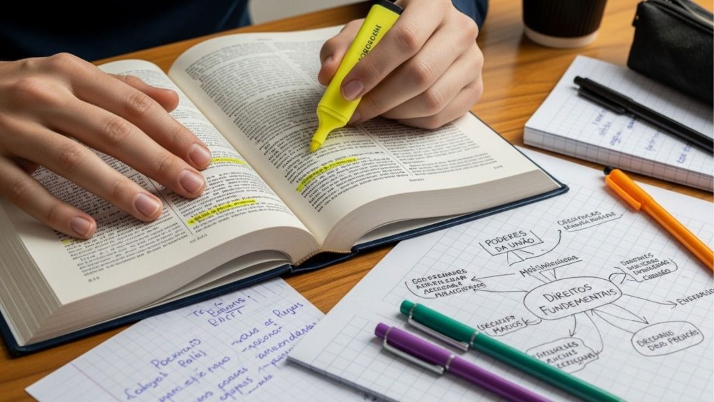 Pessoa destacando trechos de um livro com marca-texto amarelo, ao lado de mapas mentais e anotações manuscritas sobre direitos fundamentais.