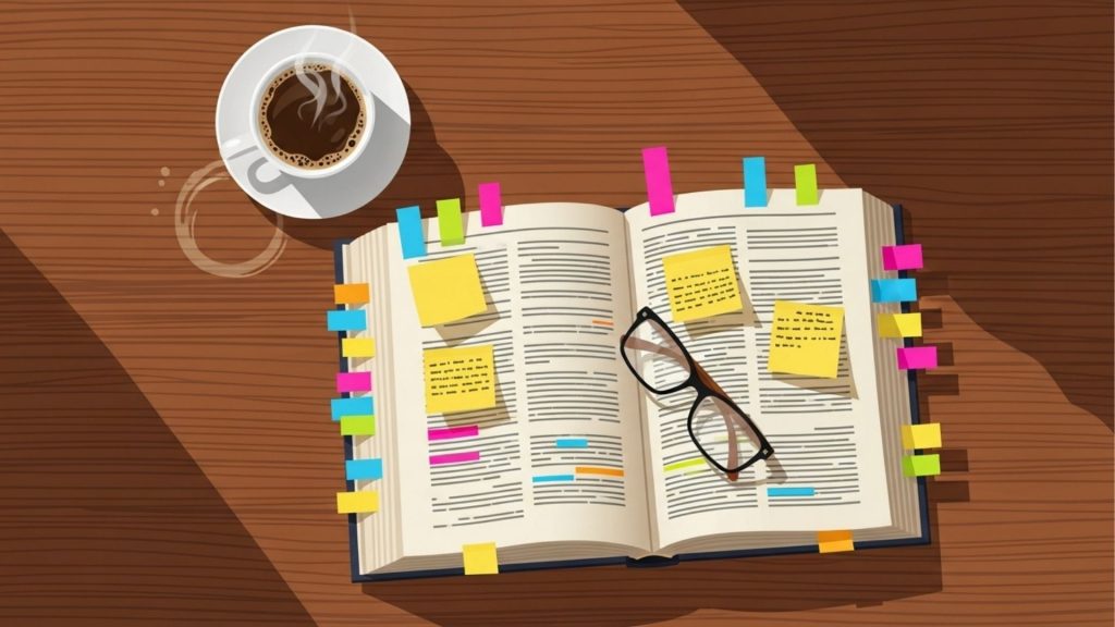 Livro aberto com anotações, post-its e marcadores coloridos, ao lado de óculos e xícara de café sobre mesa de madeira.
