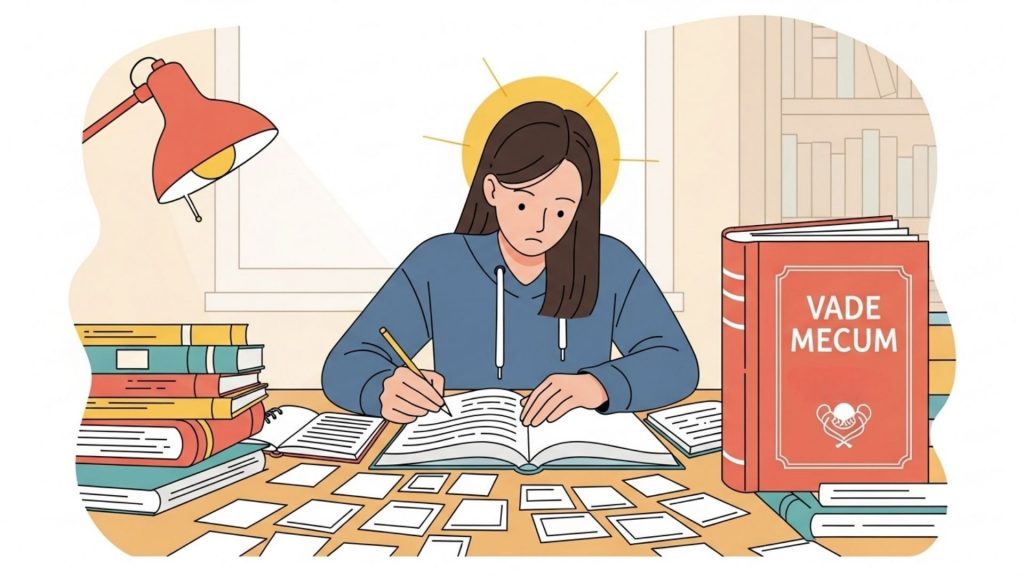 Estudante concentrada escrevendo em livro cercada por materiais de estudo e um grande Vade Mecum ao lado, simbolizando dedicação.