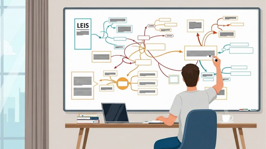 Ilustração de estudante organizando um mapa mental sobre leis em um grande quadro branco, com laptop e livros sobre a mesa.