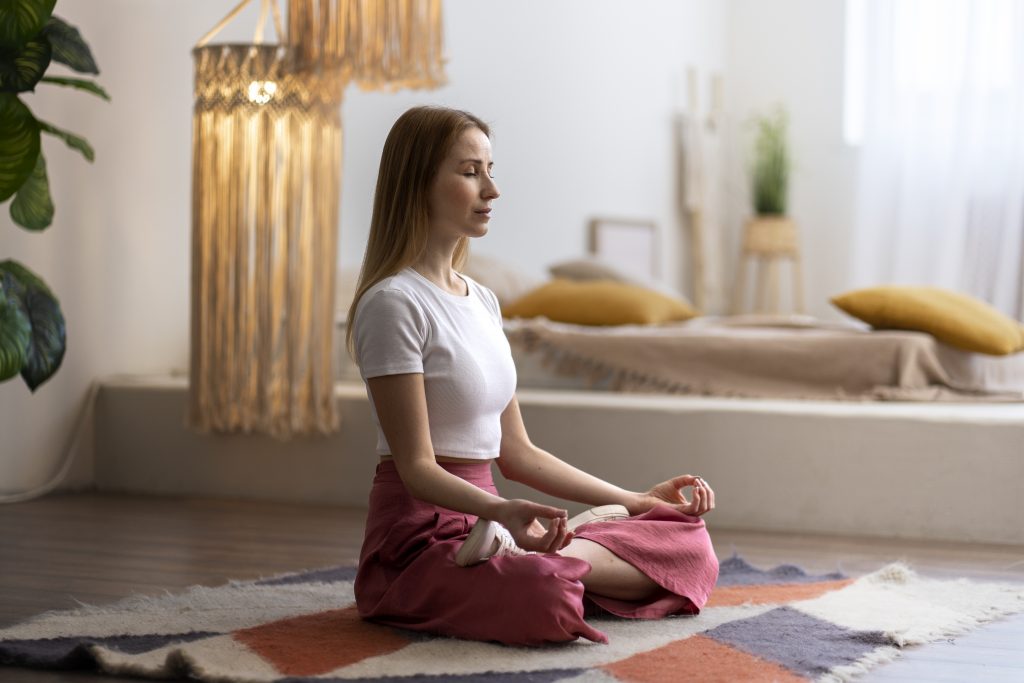 Mulher medita sentada no chão de um quarto iluminado, com os olhos fechados e postura relaxada, transmitindo calma e equilíbrio.