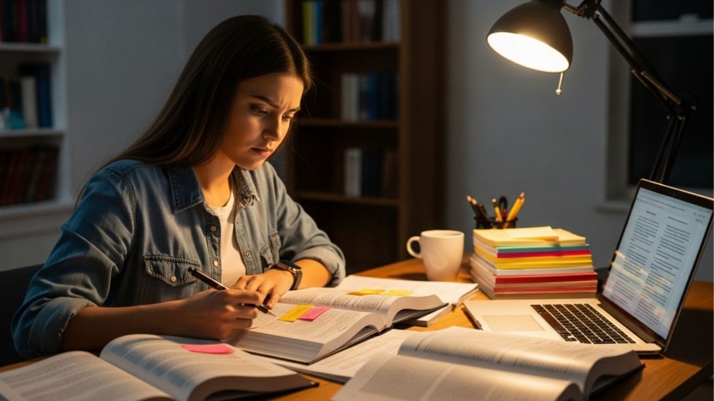 Jovem estudando à noite com livros, notebook e anotações organizadas, destacando pontos importantes com post-its sob luz de luminária.