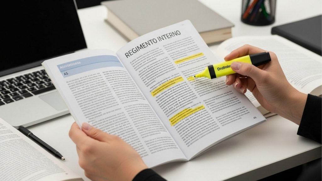 Pessoa grifando trechos de um texto intitulado “Regimento Interno” com marca-texto amarelo, ao lado de um notebook e livros abertos.