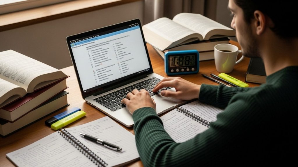 Estudante resolvendo simulado jurídico online no notebook, com livros, anotações, marca-textos e cronômetro sobre a mesa.