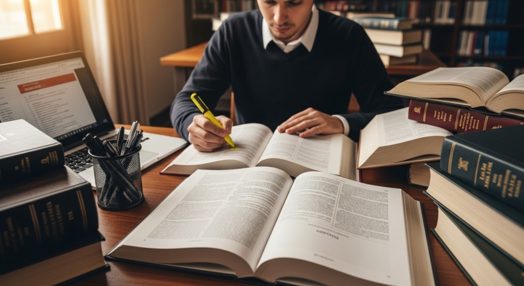 Estudante sublinha texto em livro jurídico cercado por pilhas de volumes e laptop aberto em biblioteca.