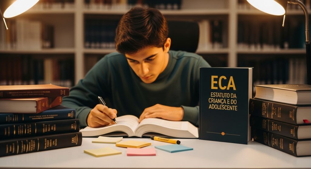 Estudante escreve em caderno com livro do ECA aberto e pilhas de obras jurídicas ao redor sob luz de abajur.