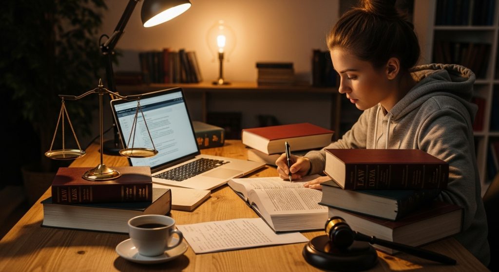 Pessoa estudando direito à noite com laptop, livros, balança dourada e martelo de juiz sobre a mesa.