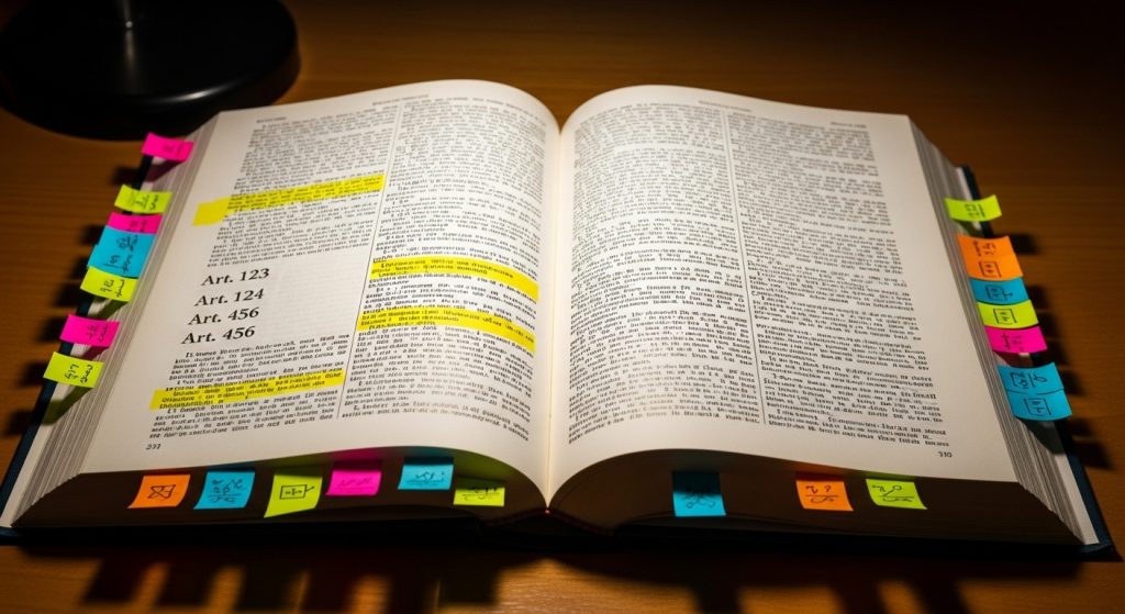 Livro de direito aberto com artigos destacados e marcadores coloridos nas bordas das páginas.