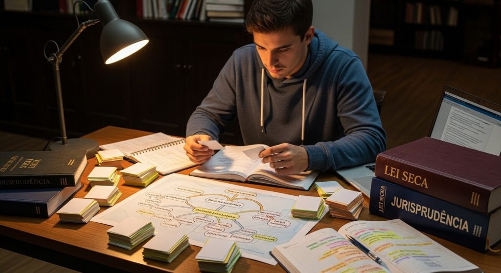 Estudante revisa fichas e livros de direito sobre mesa iluminada com lâmpada e laptop aberto.