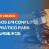 Texto “Guia de Estudos: Códigos em Conflito: Guia prático para concurseiros” ao lado de martelo, algemas e livro aberto.