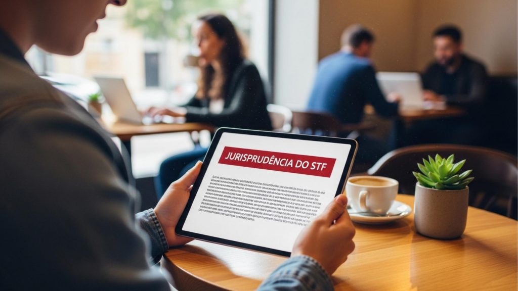 Pessoa segurando tablet em cafeteria, com a tela exibindo o título “JURISPRUDÊNCIA DO STF” em destaque, acompanhado de texto simulado; ao fundo, outras pessoas usam notebooks e conversam, e há uma xícara de café e planta decorativa sobre a mesa.