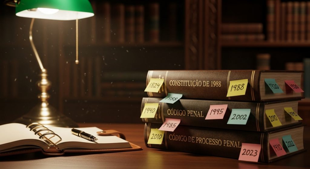 Livros jurídicos com títulos “Constituição de 1988”, “Código Penal” e “Código de Processo Penal”, marcados com post-its de datas.