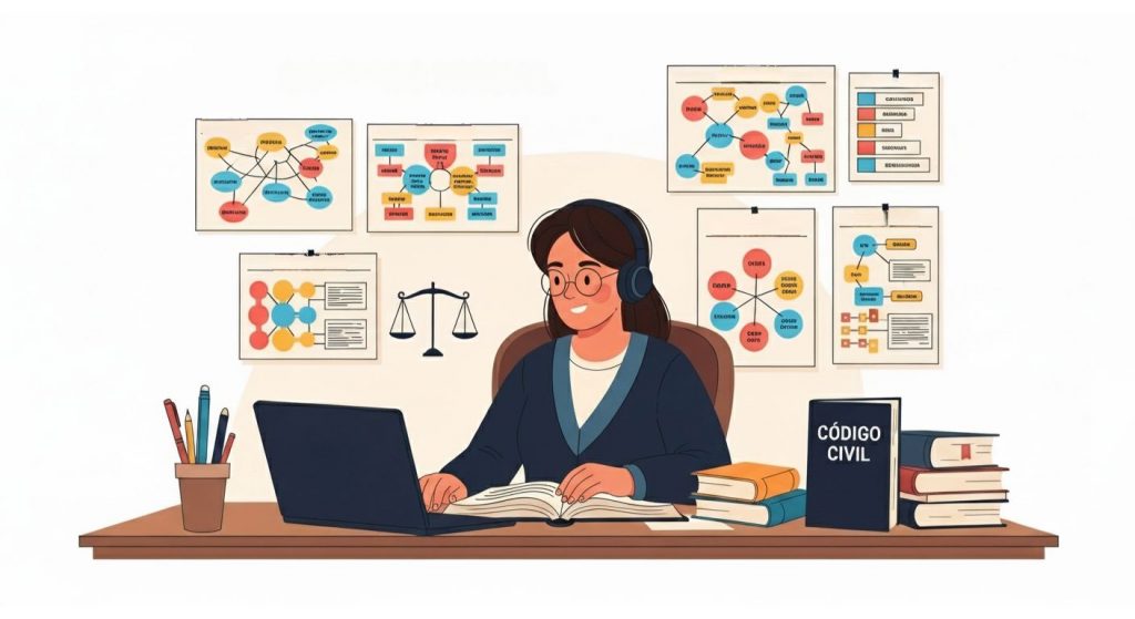 Ilustração de mulher com fones estudando em mesa com livros e laptop, cercada por esquemas e o livro “Código Civil”.
