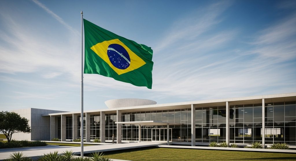 Fachada moderna de um edifício público com colunas e amplas janelas de vidro, com a bandeira do Brasil em destaque ao vento e céu azul com nuvens; o local remete a uma sede do poder público federal.