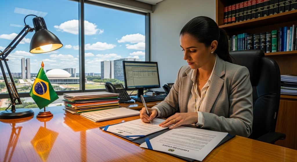 Mulher de blazer cinza claro e camisa branca assinando documentos sobre uma mesa de madeira em um escritório com vista para o Congresso Nacional em Brasília; há uma bandeira do Brasil em miniatura, pilha de pastas coloridas, livros jurídicos ao fundo e tela de computador com planilha aberta.