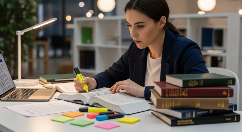 Mulher usando marca-texto em livro jurídico aberto, com laptop, post-its e pilha de livros sobre a mesa.