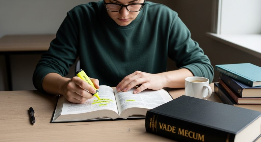 Pessoa destacando texto com marca-texto em livro jurídico aberto, ao lado de café e Vade Mecum.