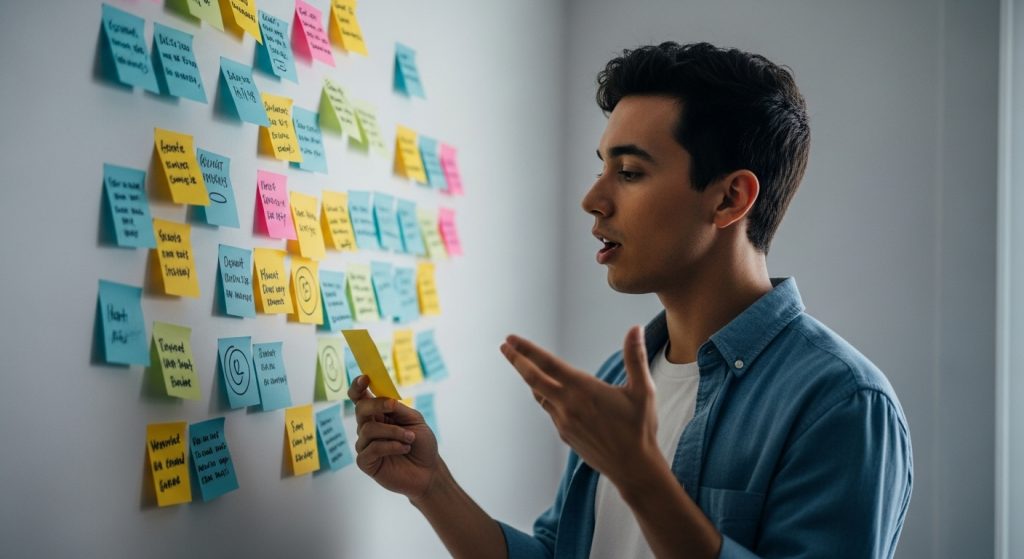 Homem estuda em voz alta diante de parede com post-its coloridos cheios de anotações.