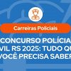 Imagem de capa para artigo sobre o concurso da Polícia Civil RS 2025, com título destacado e ícone de policial, simbolizando a carreira policial e a preparação necessária para a prova.