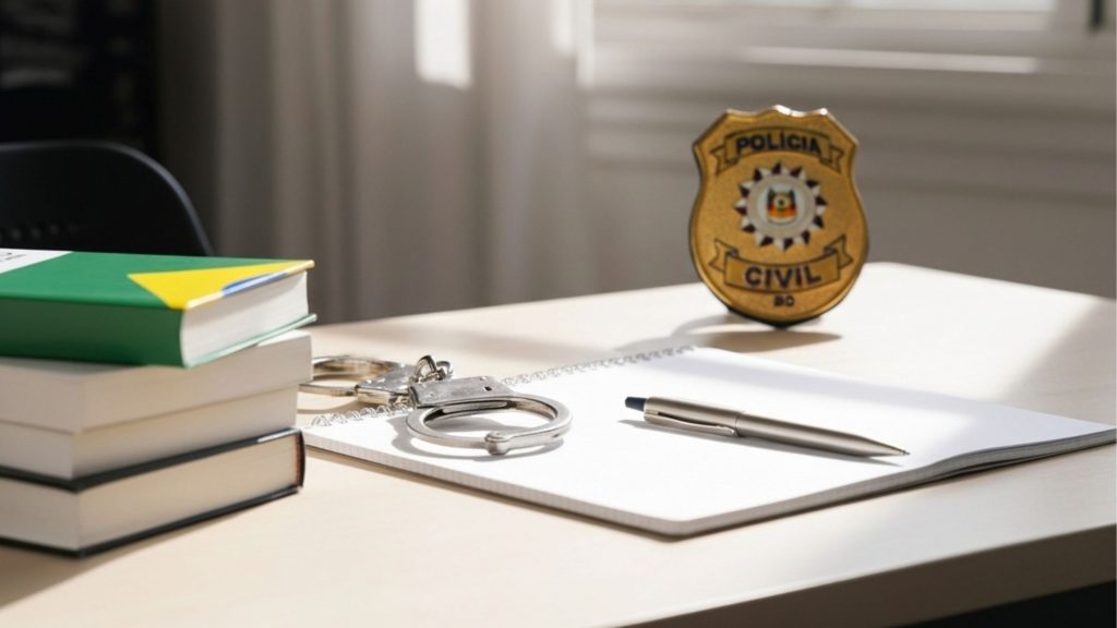 Mesa de trabalho com livros jurídicos, algemas, caneta e bloco de anotações, simbolizando o ambiente da Polícia Civil RS. Representação de um espaço de trabalho dedicado ao cumprimento da lei.
